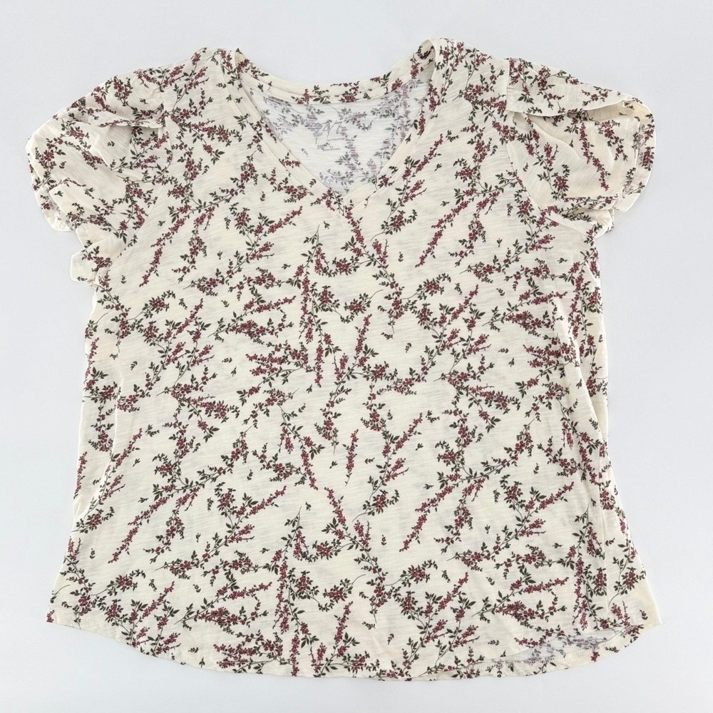 MAURICES Floral V Neck Short Tulip Sleeve Cotton Blouse Cream Plus Size 1X